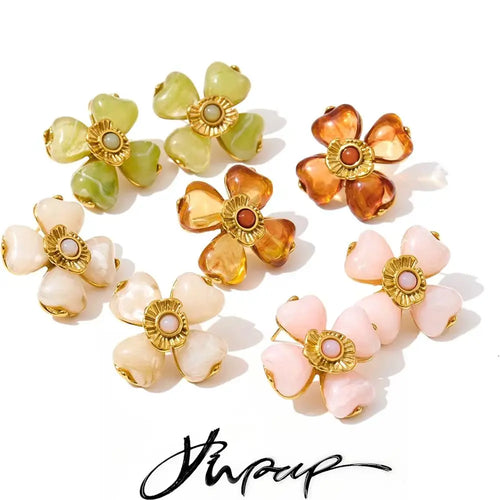 Yhpup Acrylic Fashion Flower Pendant Necklace Adjustable Ring Earrings Set 2025 Stainless Steel Trendy Jewelry Gift Multi-color