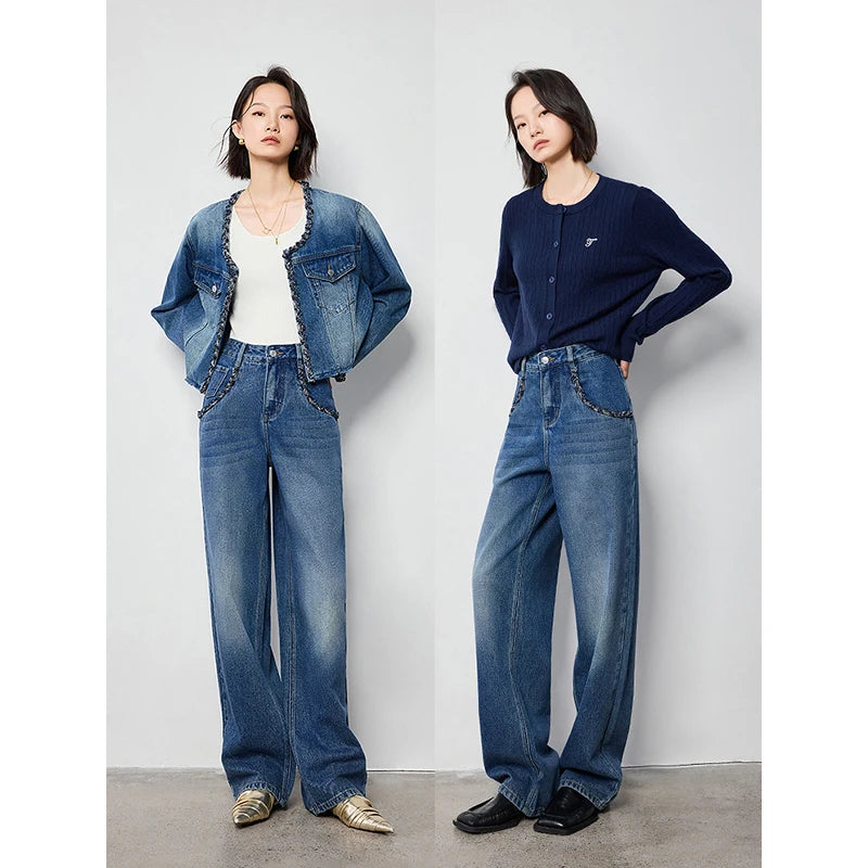 Calça Jeans Feminina Wide Leg Cintura Alta Texturizada