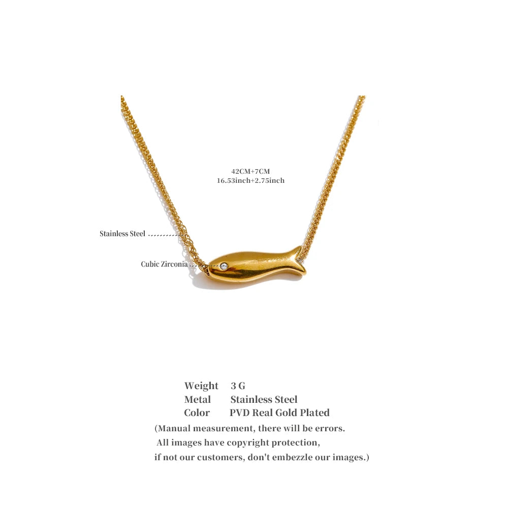 Yhpup Chic Stainless Steel Zircon Fish Pendant Necklace Gold & Platinum PVD Plated Waterproof Exquisite Jewelry Gift for Women