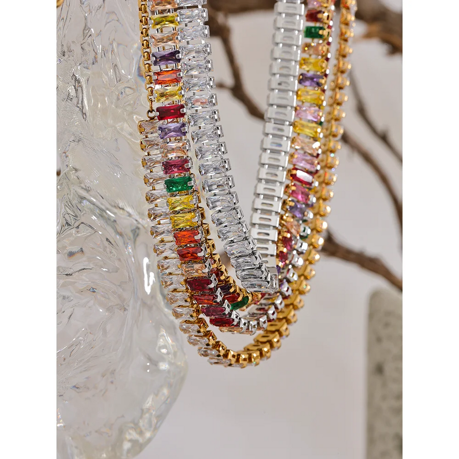 Yhpup Pull-out Adjustable Luxury Colorful Cubic Zirconia Chain Necklace Stainless Steel Waterproof Fashion Bling Jewelry Women