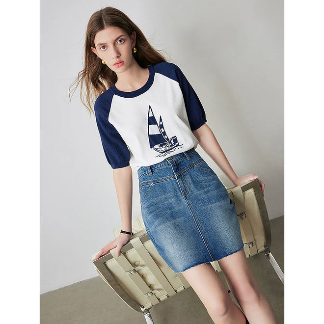 Saia Jeans Curta Feminina com Bolsos Cintura Alta