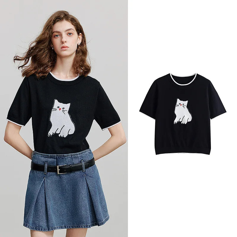 Blusa Feminina de Tricô Jacquard Gato Manga Curta