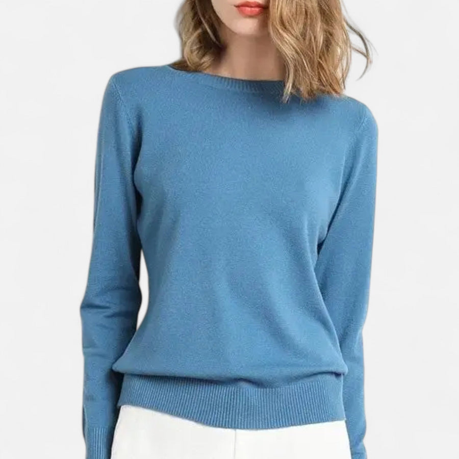 Suéter Feminino de Lã Merino com Gola Redonda Azul