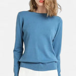 Suéter Feminino de Lã Merino com Gola Redonda Azul