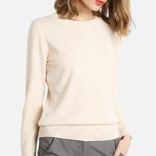 Suéter Feminino de Lã Merino com Gola Redonda Bege