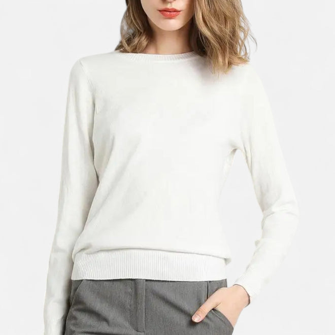 Suéter Feminino de Lã Merino com Gola Redonda Branco