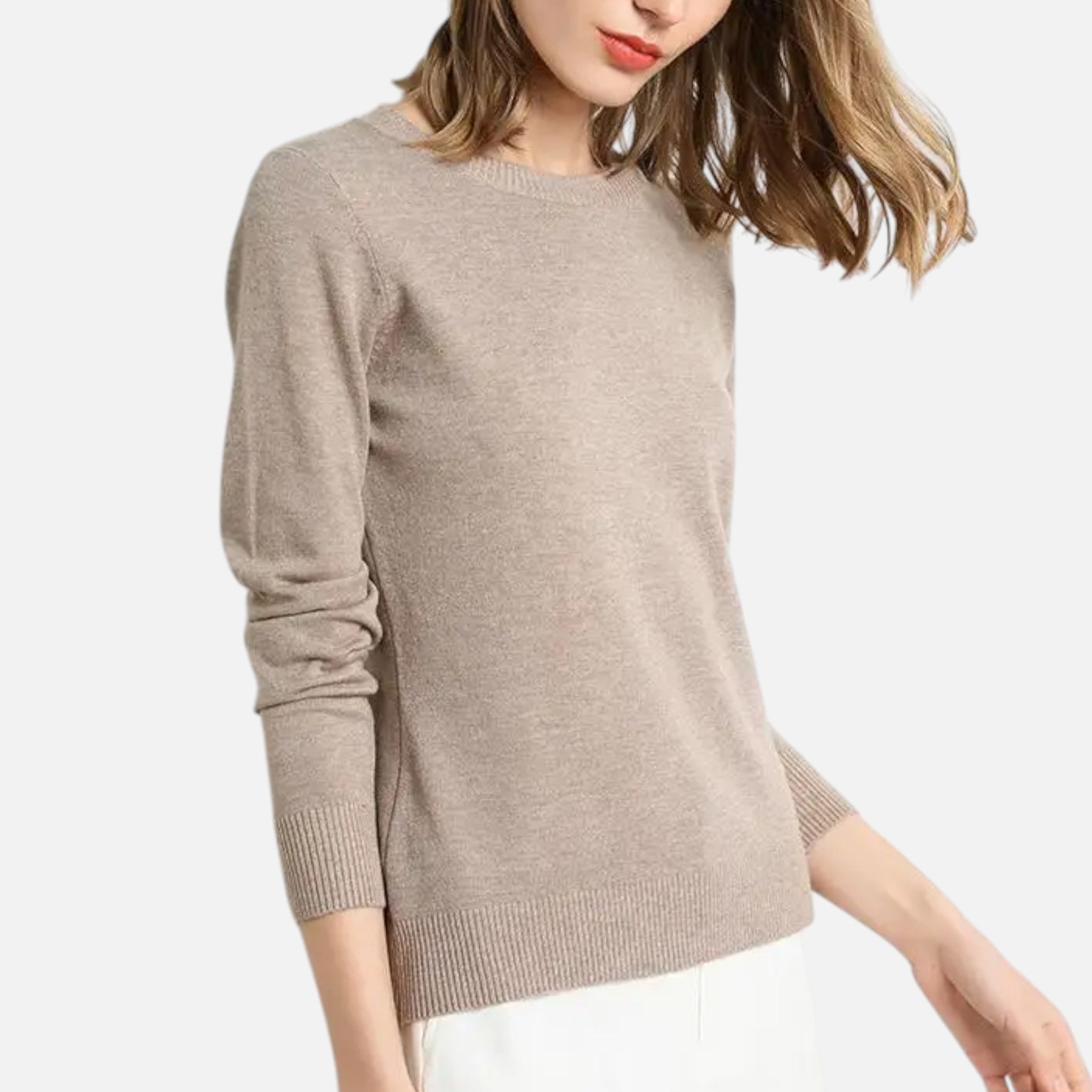 Suéter Feminino de Lã Merino com Gola Redonda Camelo