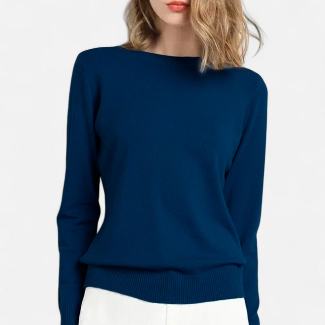 Suéter Feminino de Lã Merino com Gola Redonda Marinho