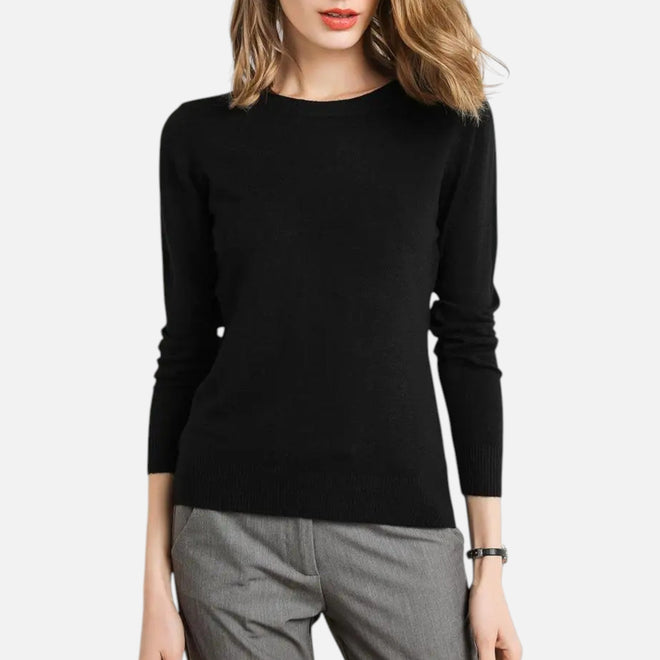 Suéter Feminino de Lã Merino com Gola Redonda Preto