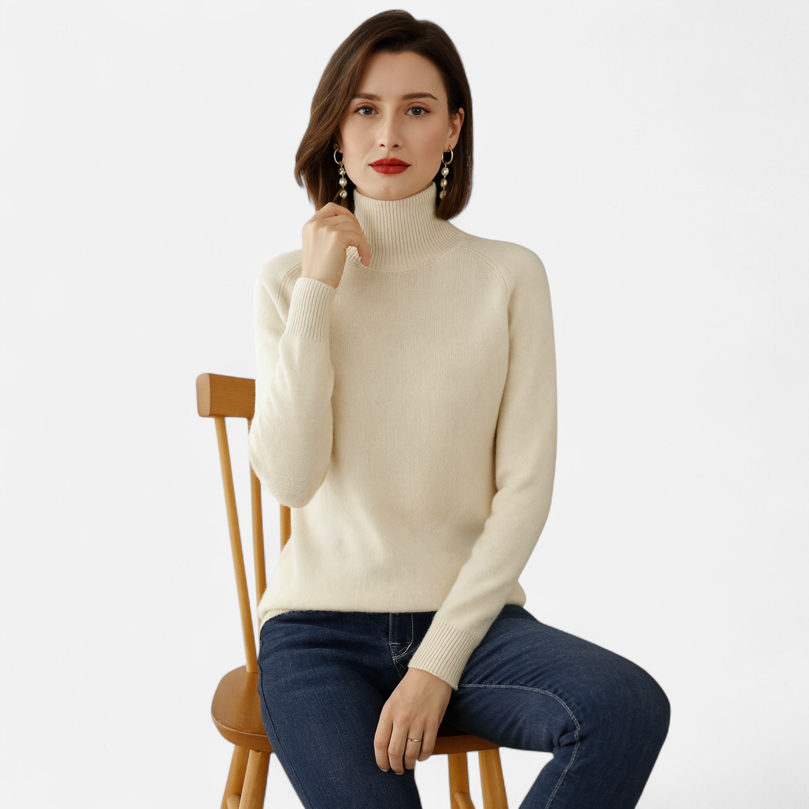 Suéter de Lã Merino e Cashmere com Gola Alta para Mulheres Branco