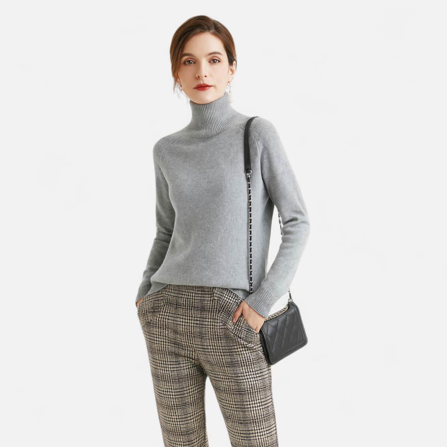 Suéter de Lã Merino e Cashmere com Gola Alta para Mulheres Cinza