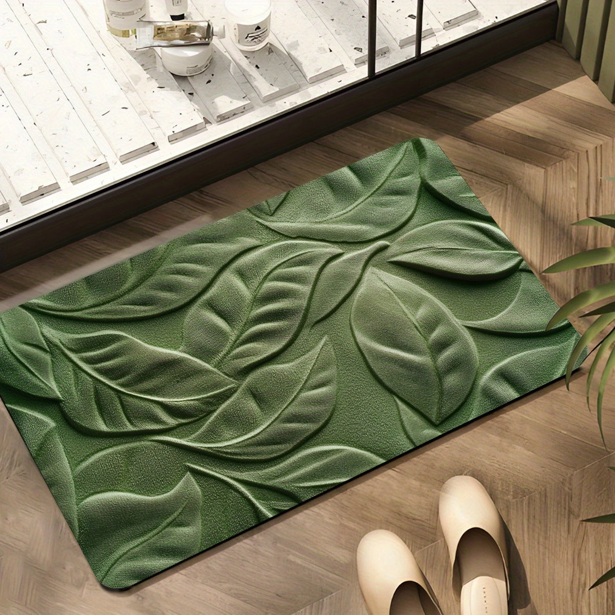 Tapete de Banho em Terra Diatomácea com Estampa de Folhas Verdes – Super Absorvente e de Secagem Rápida