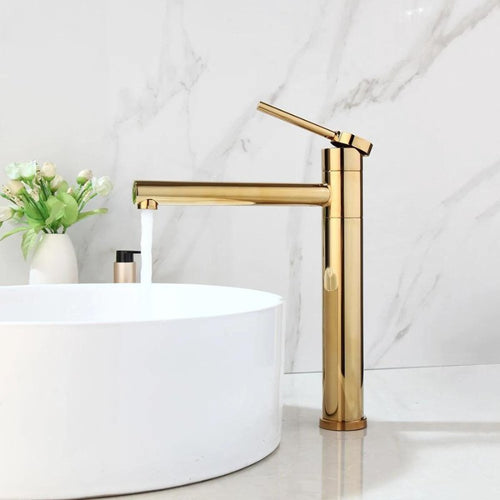 Torneira para banheiro Elegância Monocomando Bica Alta em Dourado Fosco.