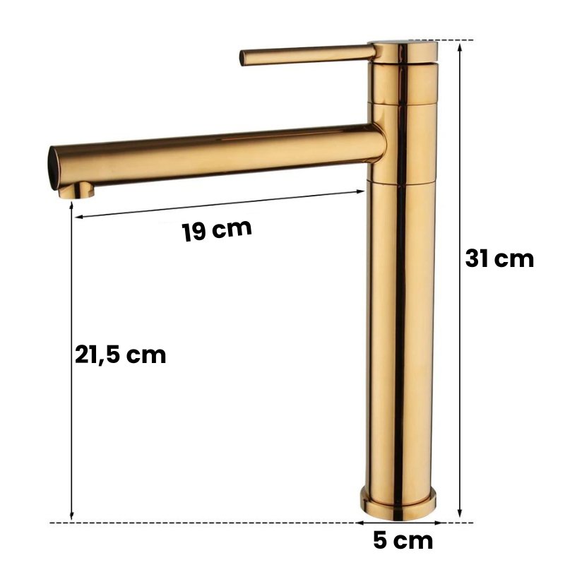 Torneira para banheiro Elegância Monocomando Bica Alta em Dourado Fosco.