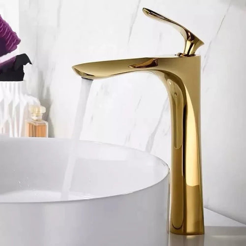 Torneira para banheiro Elegância Monocomando com Design em Bica Alta e Acabamento Cromado Premium. Dourado