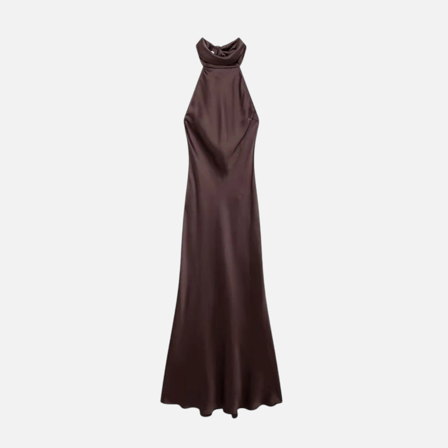 Vestido Longo de Cetim Sem Costas para Mulheres - Elegância e Conforto Café