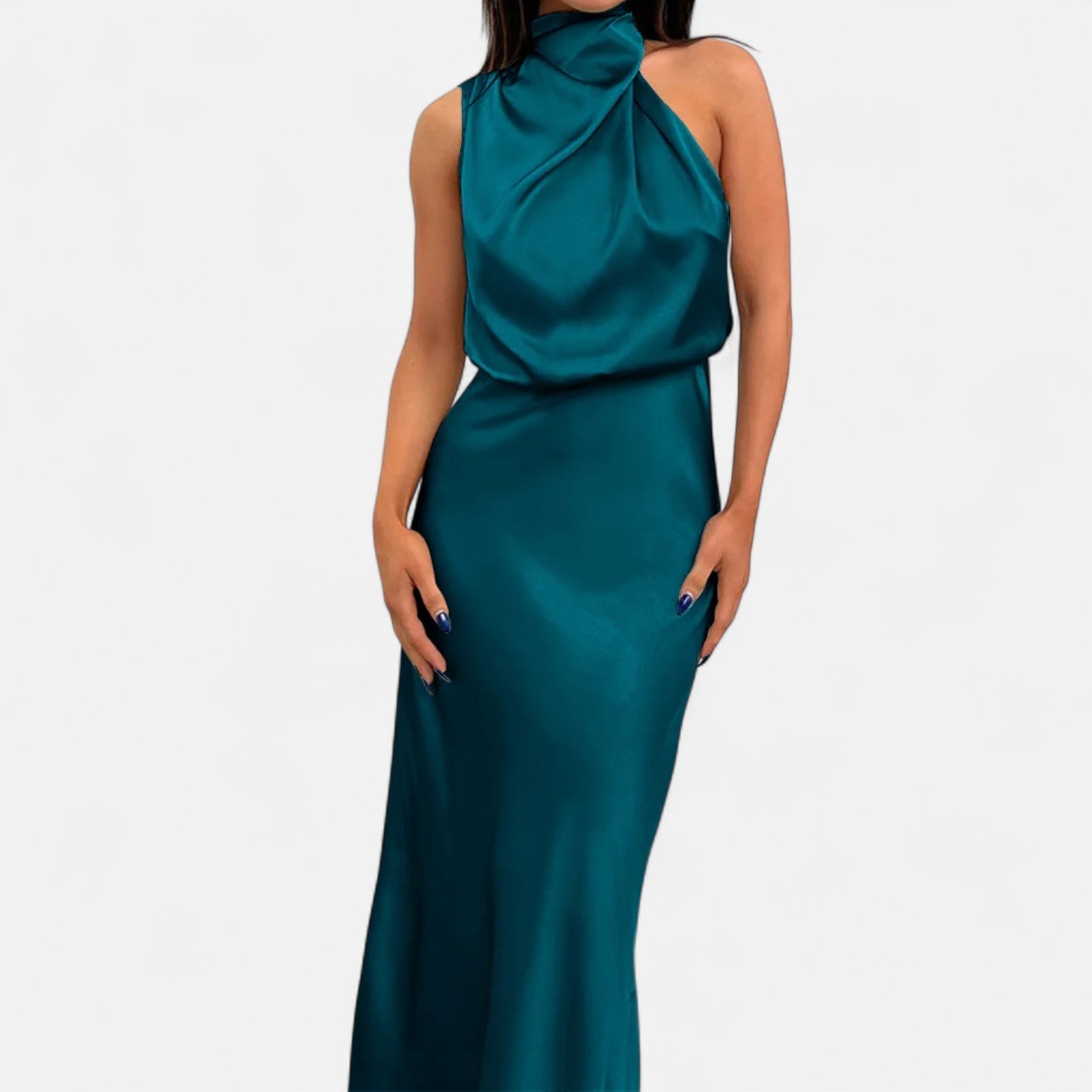 Vestido Longo de Cetim Sem Mangas para Mulheres – Caimento Fluido e Elegância Atemporal Azul Lago