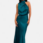 Vestido Longo de Cetim Sem Mangas para Mulheres – Caimento Fluido e Elegância Atemporal Azul Lago