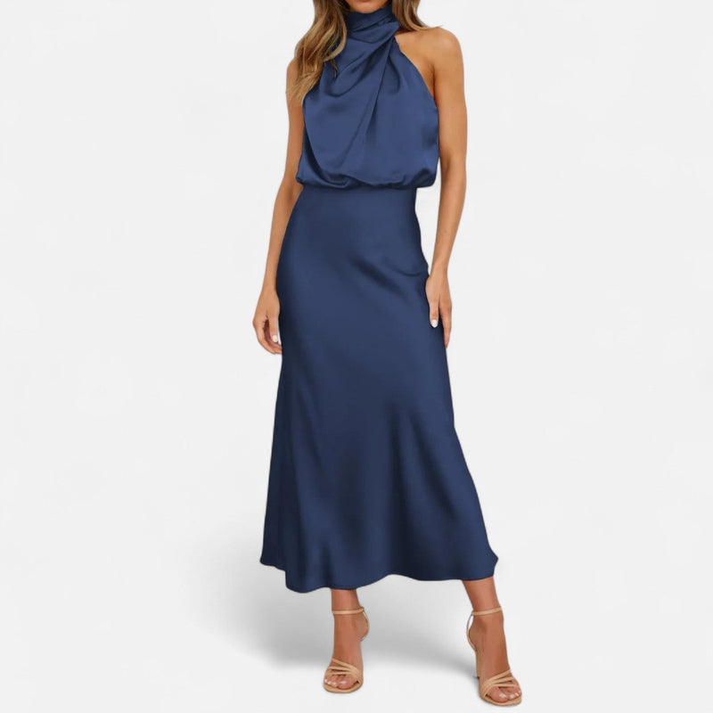 Vestido Longo de Cetim Sem Mangas para Mulheres – Caimento Fluido e Elegância Atemporal Azul Marinho