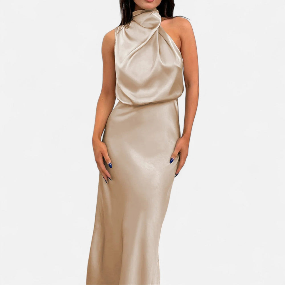 Vestido Longo de Cetim Sem Mangas para Mulheres – Caimento Fluido e Elegância Atemporal