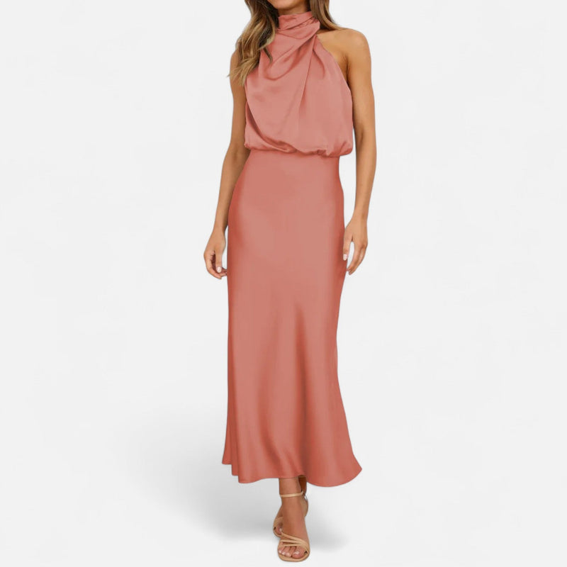 Vestido Longo de Cetim Sem Mangas para Mulheres – Caimento Fluido e Elegância Atemporal Pêssego