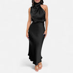 Vestido Longo de Cetim Sem Mangas para Mulheres – Caimento Fluido e Elegância Atemporal Preto