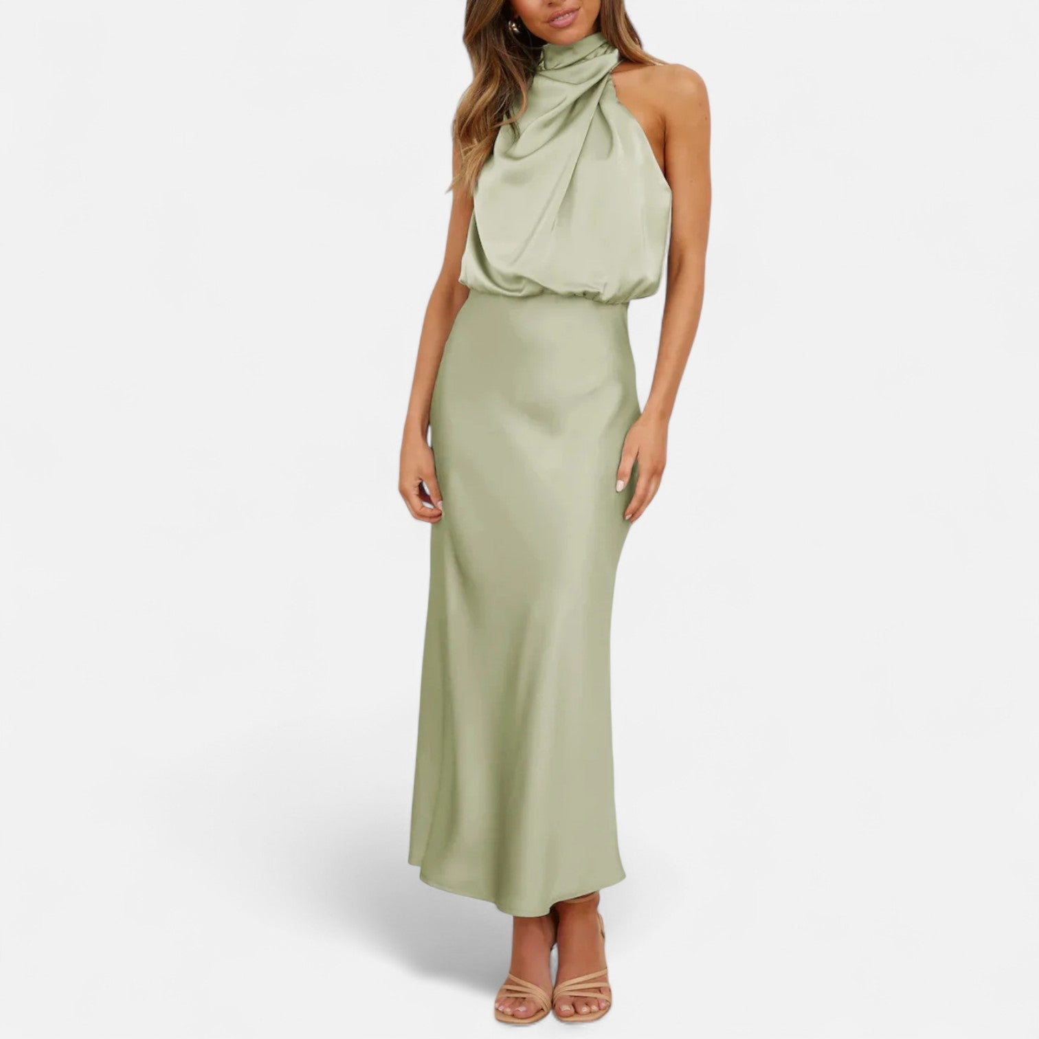 Vestido Longo de Cetim Sem Mangas para Mulheres – Caimento Fluido e Elegância Atemporal Verde Claro
