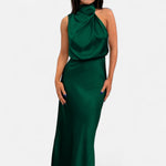Vestido Longo de Cetim Sem Mangas para Mulheres – Caimento Fluido e Elegância Atemporal Verde Escuro