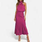 Vestido Longo de Cetim Sem Mangas para Mulheres – Caimento Fluido e Elegância Atemporal Vermelho Rosa
