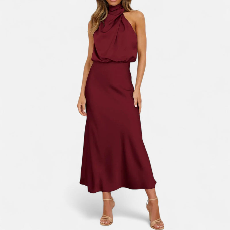 Vestido Longo de Cetim Sem Mangas para Mulheres – Caimento Fluido e Elegância Atemporal Vermelho Vinho
