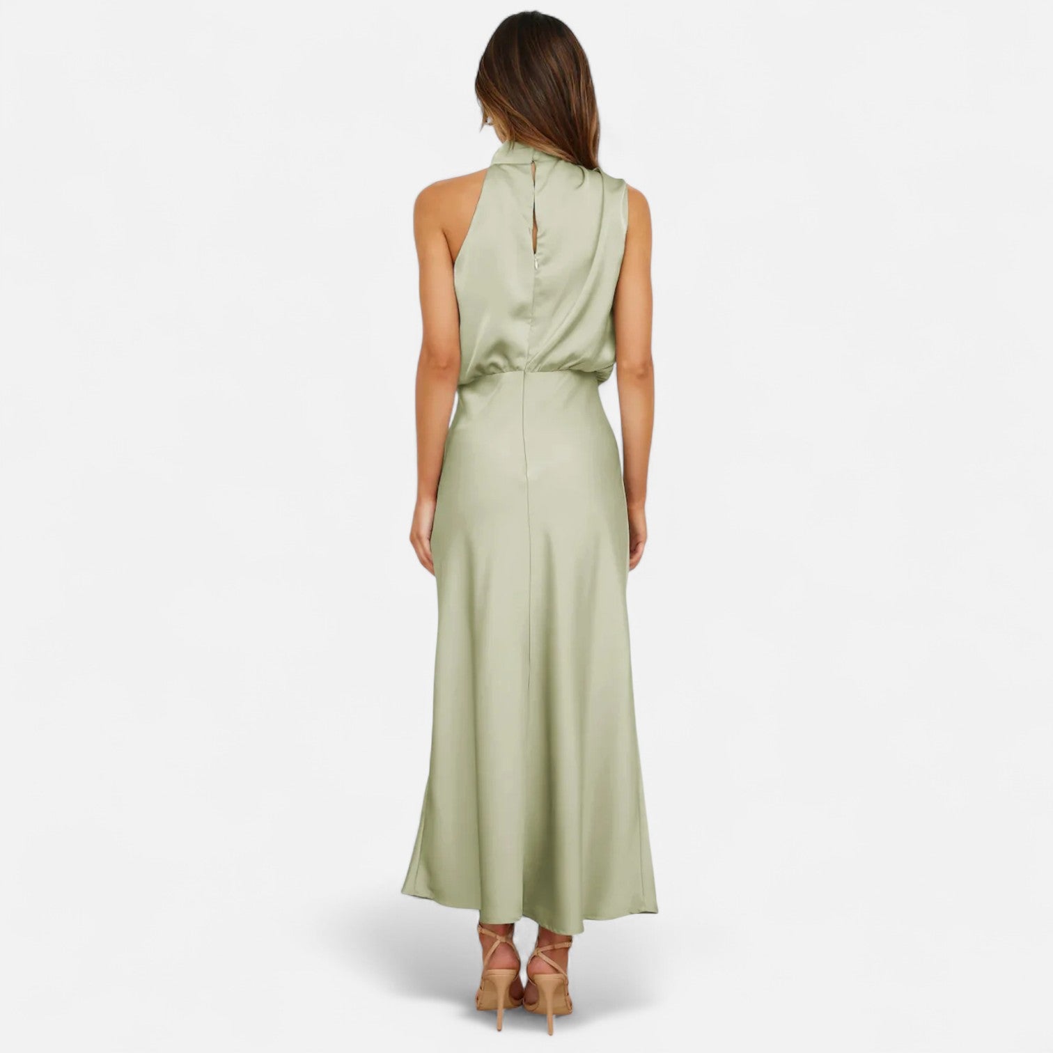 Vestido Longo de Cetim Sem Mangas para Mulheres – Caimento Fluido e Elegância Atemporal