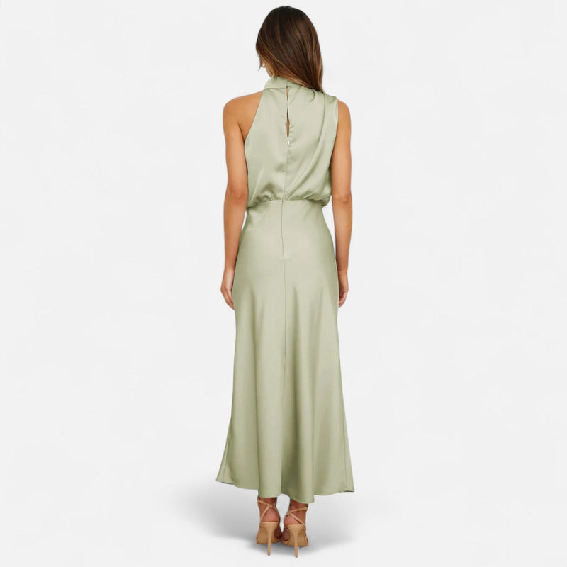 Vestido Longo de Cetim Sem Mangas para Mulheres – Caimento Fluido e Elegância Atemporal