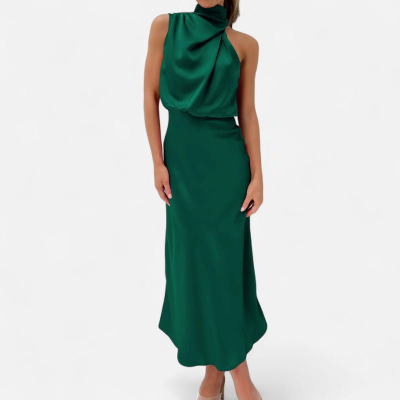 Vestido Longo de Cetim Sem Mangas para Mulheres – Caimento Fluido e Elegância Atemporal
