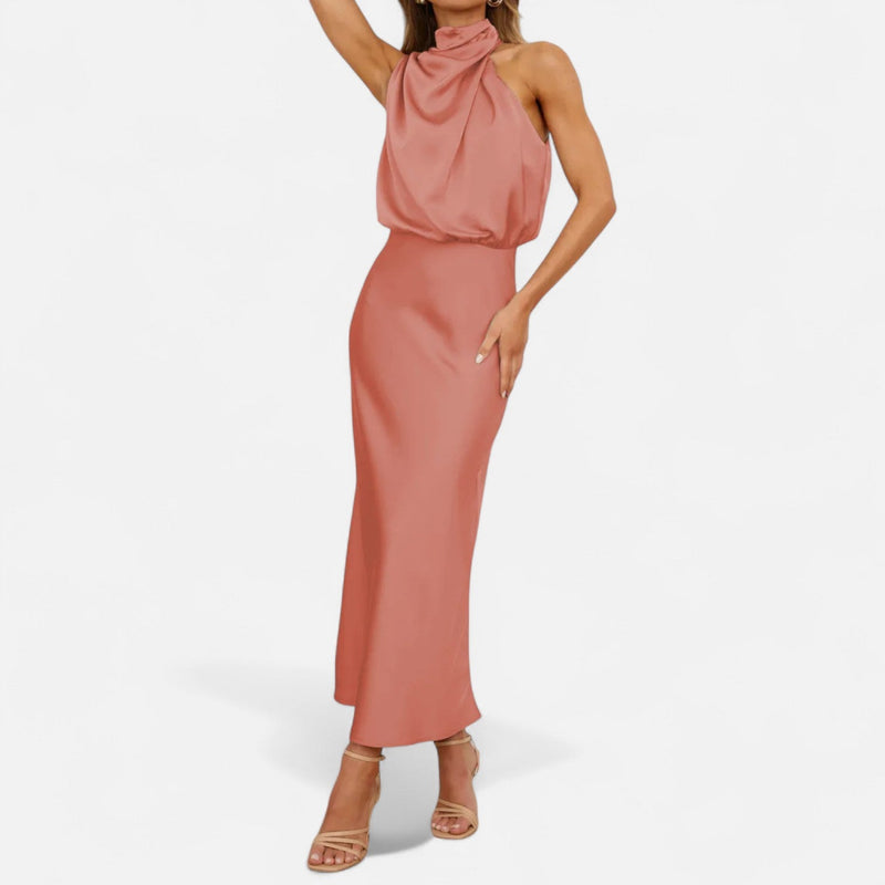 Vestido Longo de Cetim Sem Mangas para Mulheres – Caimento Fluido e Elegância Atemporal