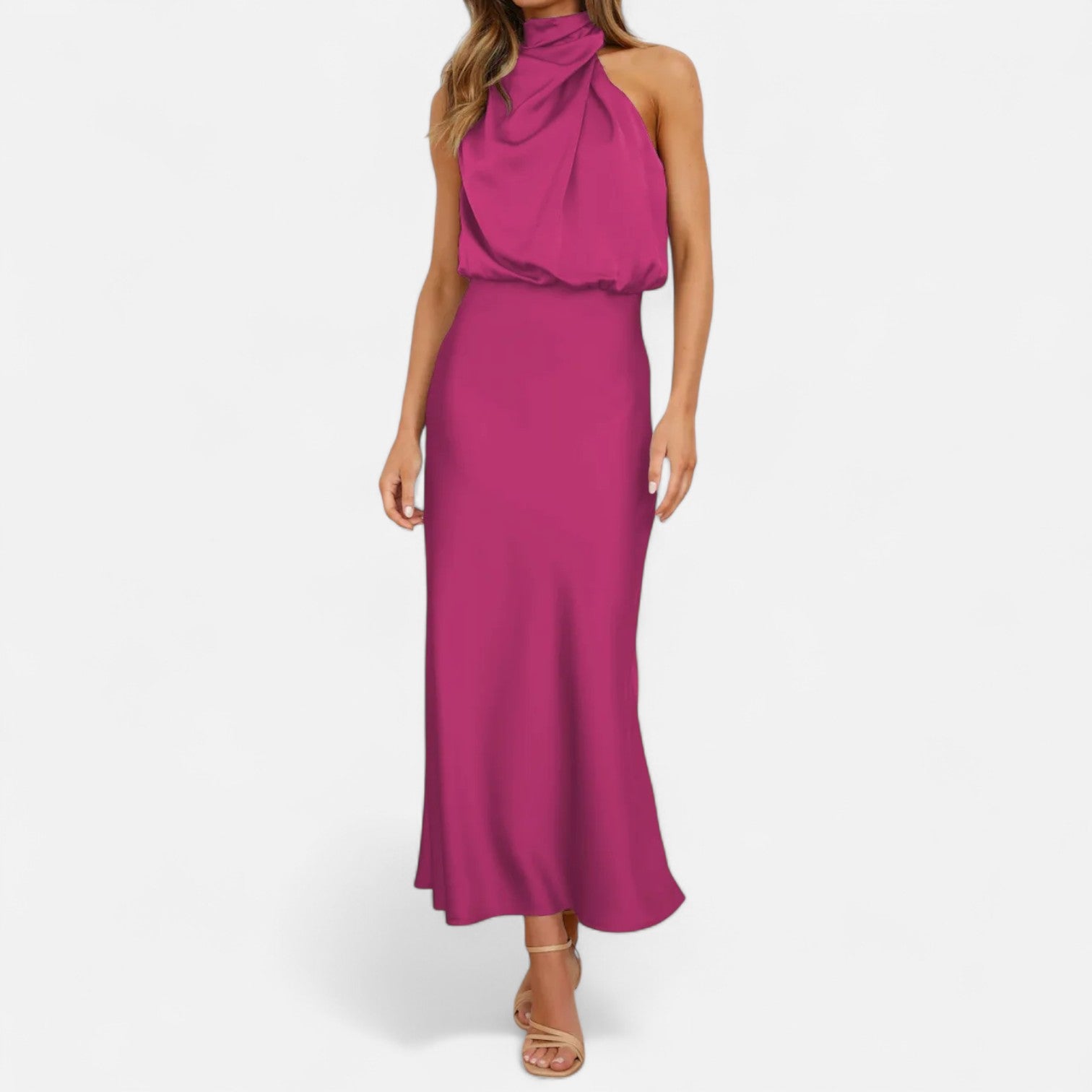 Vestido Longo de Cetim Sem Mangas para Mulheres – Caimento Fluido e Elegância Atemporal