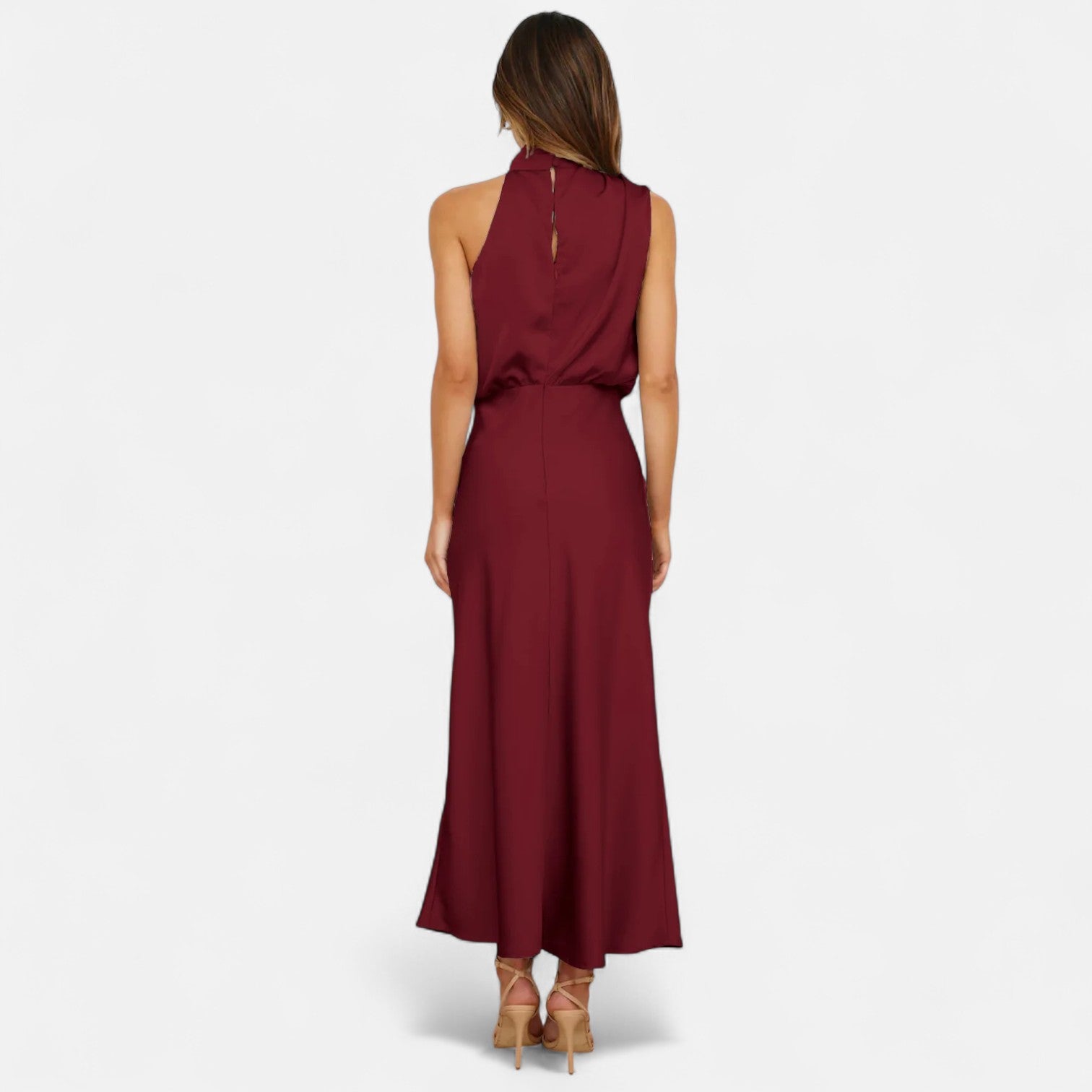 Vestido Longo de Cetim Sem Mangas para Mulheres – Caimento Fluido e Elegância Atemporal