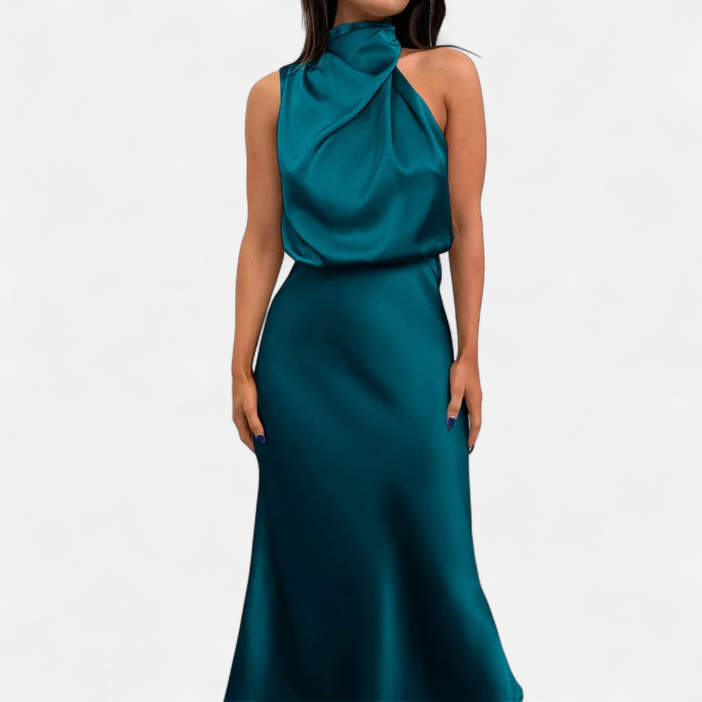Vestido Longo de Cetim Sem Mangas para Mulheres – Caimento Fluido e Elegância Atemporal