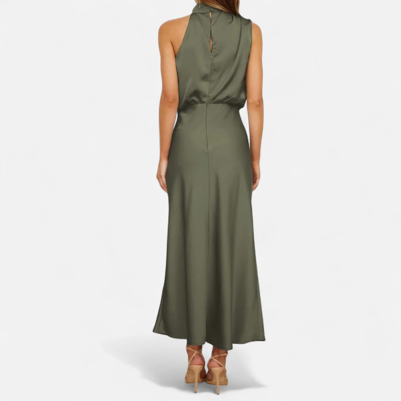 Vestido Longo de Cetim Sem Mangas para Mulheres – Caimento Fluido e Elegância Atemporal