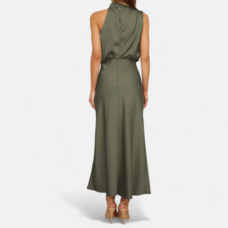 Vestido Longo de Cetim Sem Mangas para Mulheres – Caimento Fluido e Elegância Atemporal
