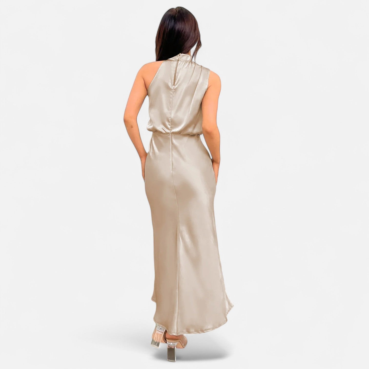 Vestido Longo de Cetim Sem Mangas para Mulheres – Caimento Fluido e Elegância Atemporal