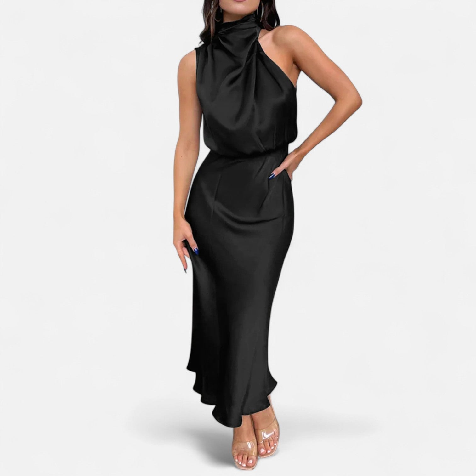 Vestido Longo de Cetim Sem Mangas para Mulheres – Caimento Fluido e Elegância Atemporal