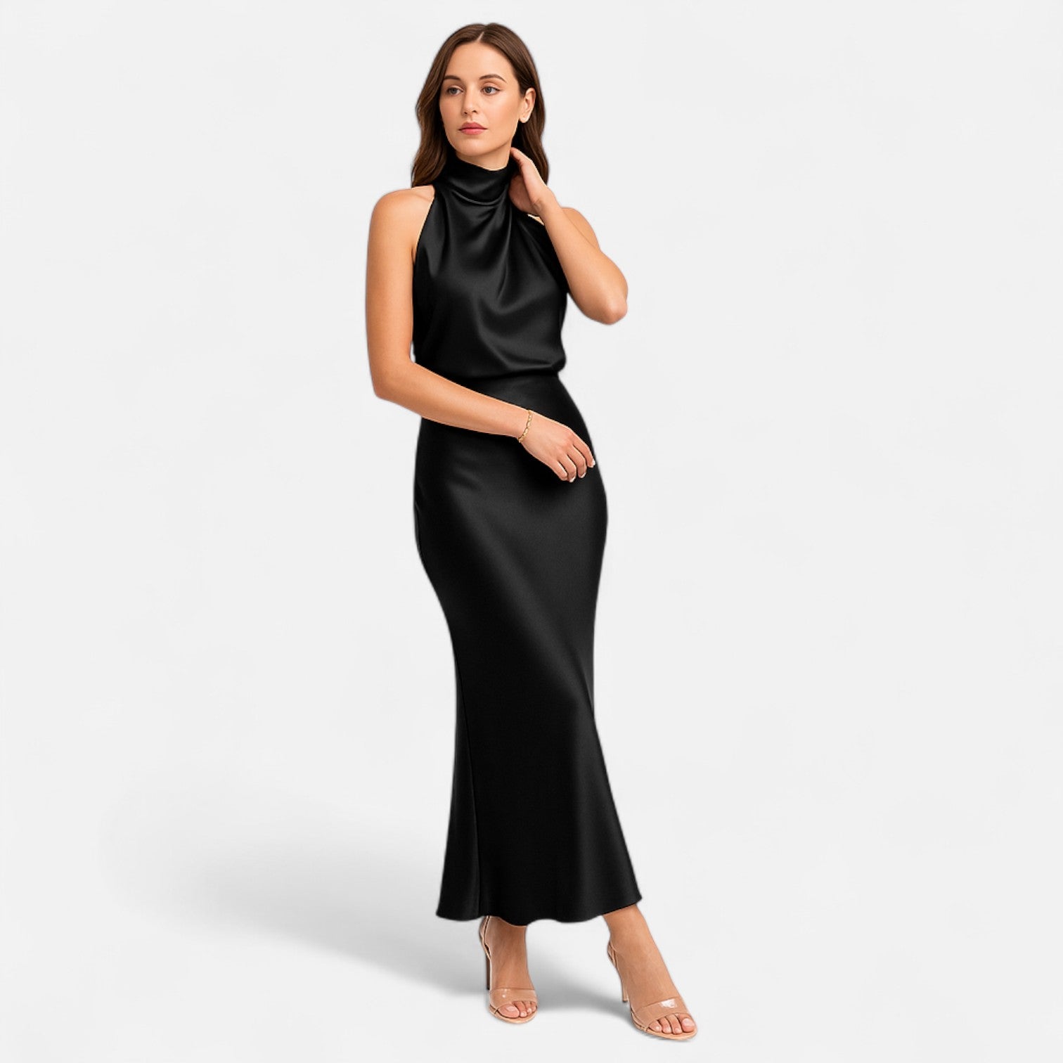 Vestido Longo de Cetim Sem Mangas para Mulheres – Caimento Fluido e Elegância Atemporal