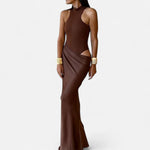 Vestido Maxi de Cetim com Recortes para Mulheres – Fluidez Sedosa e Silhueta Esculpida Marrom