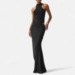 Vestido Maxi de Cetim com Recortes para Mulheres – Fluidez Sedosa e Silhueta Esculpida Preto