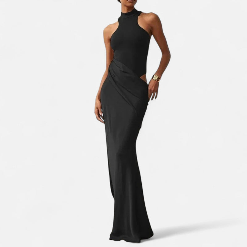 Vestido Maxi de Cetim com Recortes para Mulheres – Fluidez Sedosa e Silhueta Esculpida Preto