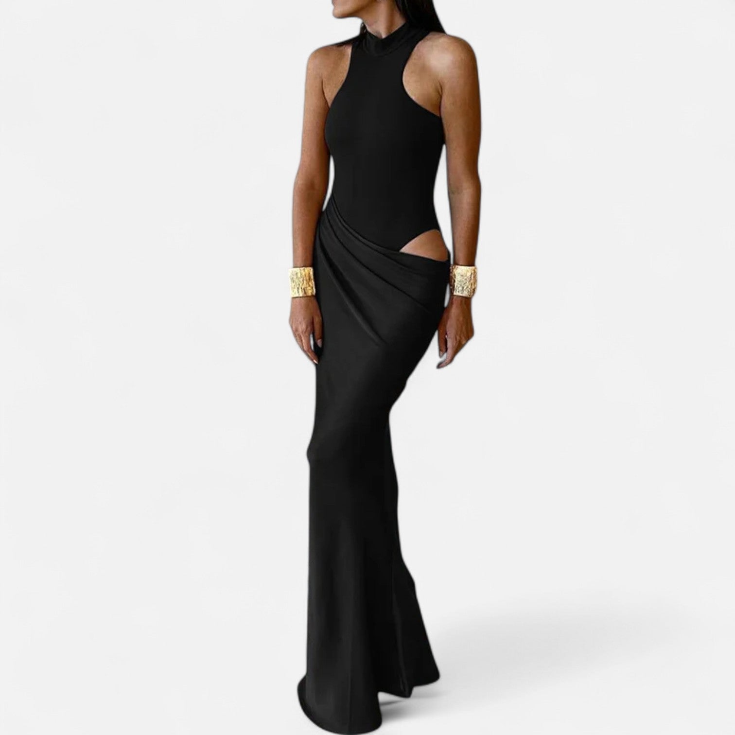 Vestido Maxi de Cetim com Recortes para Mulheres – Fluidez Sedosa e Silhueta Esculpida