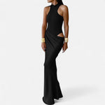 Vestido Maxi de Cetim com Recortes para Mulheres – Fluidez Sedosa e Silhueta Esculpida