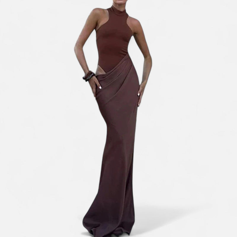 Vestido Maxi de Cetim com Recortes para Mulheres – Fluidez Sedosa e Silhueta Esculpida