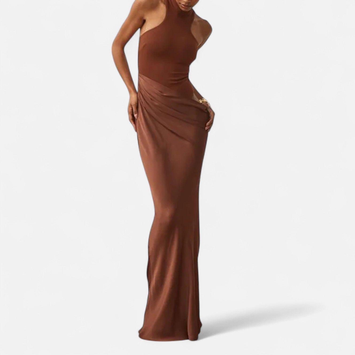 Vestido Maxi de Cetim com Recortes para Mulheres – Fluidez Sedosa e Silhueta Esculpida