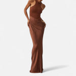 Vestido Maxi de Cetim com Recortes para Mulheres – Fluidez Sedosa e Silhueta Esculpida